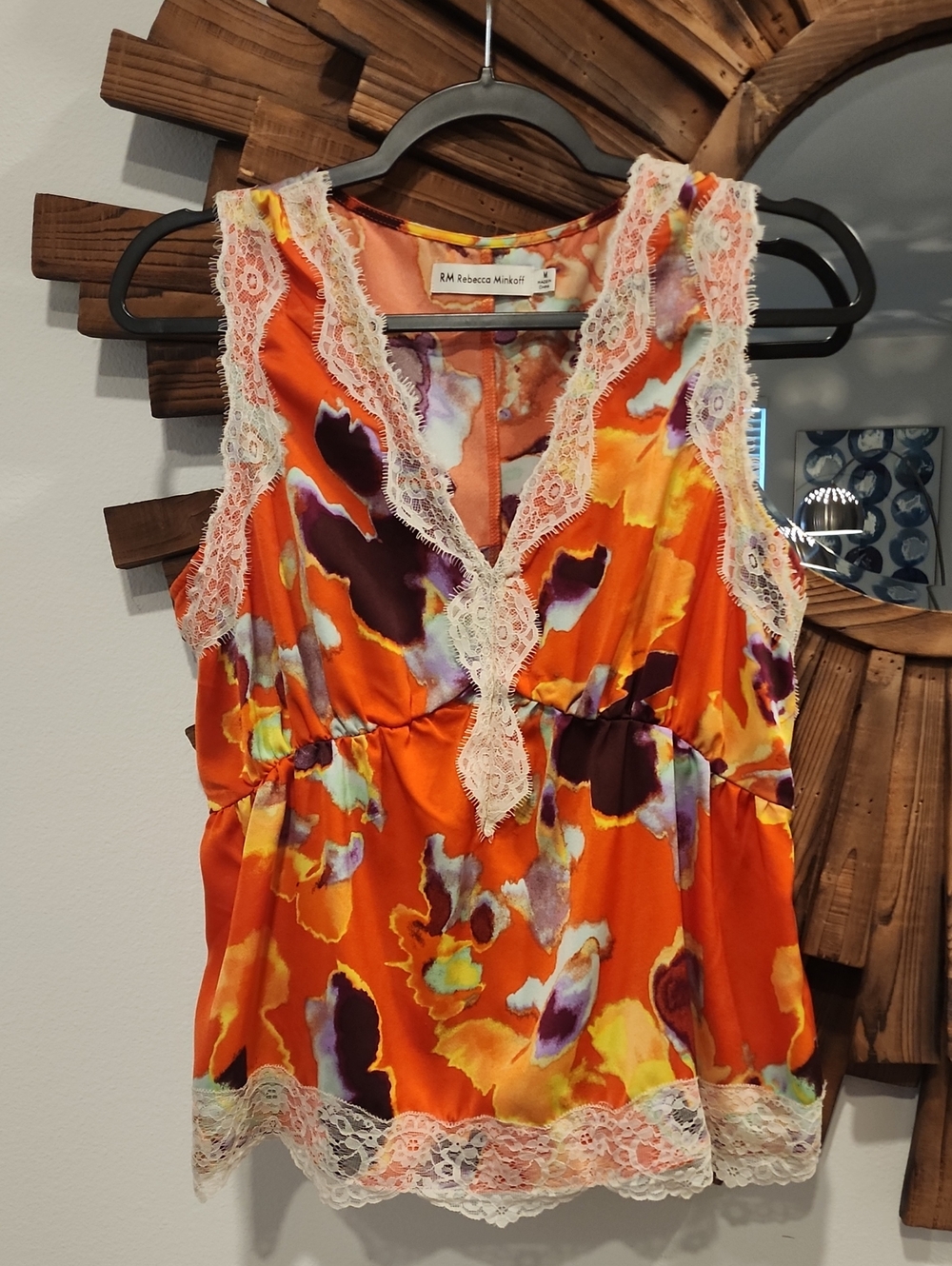Rebecca Minkoff SZ M Orange Floral Lace-Trim Camisole